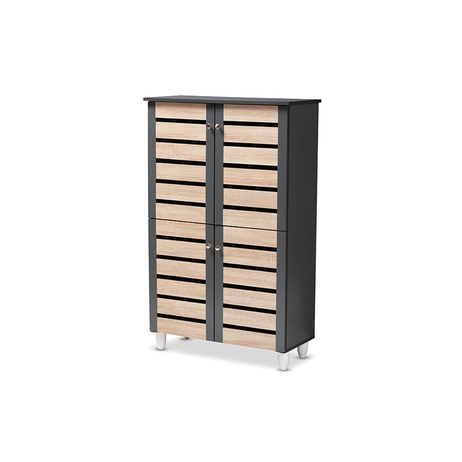 Two-Tone Oak and Dark Gray 4-Door Shoe Storage Cabinet