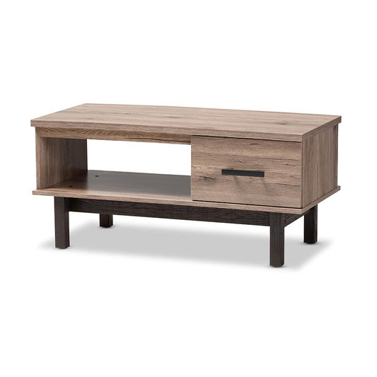 Two-Tone Oak Brown and Black Wood 1-Drawer Coffee Table