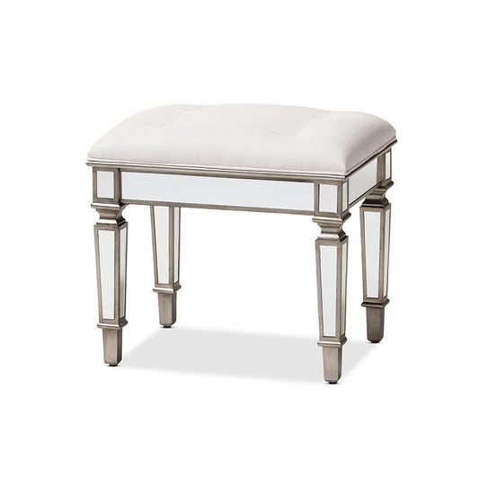 Off White Fabric Upholstered Mirrored Ottoman Vanity Bench