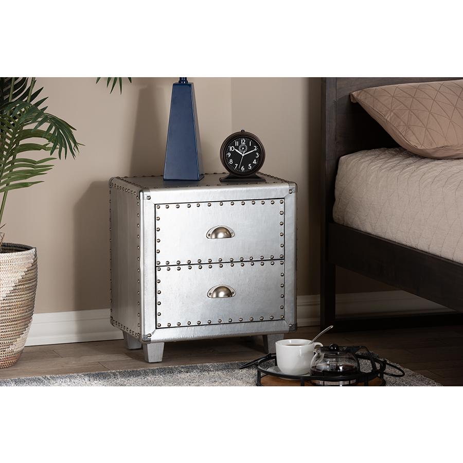 Baxton Studio Davet French Industrial Silver Metal 2-Drawer Nightstand