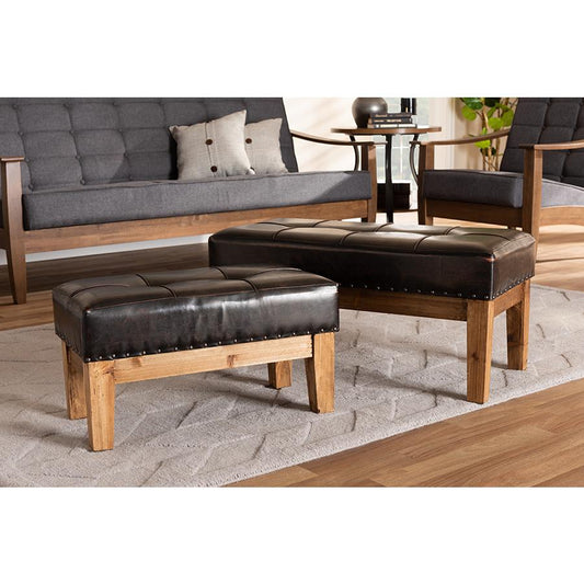 Baxton Studio Lenza Rustic Dark Brown Faux Leather Upholstered 2-Piece Wood Ottoman Set