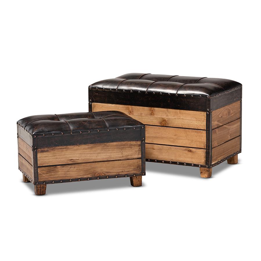 Leather Upholstered 2-Piece Wood Storage Trunk Ottoman Set