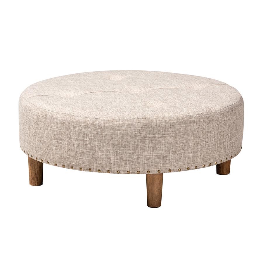 Beige Fabric Upholstered Natural Wood Cocktail Ottoman