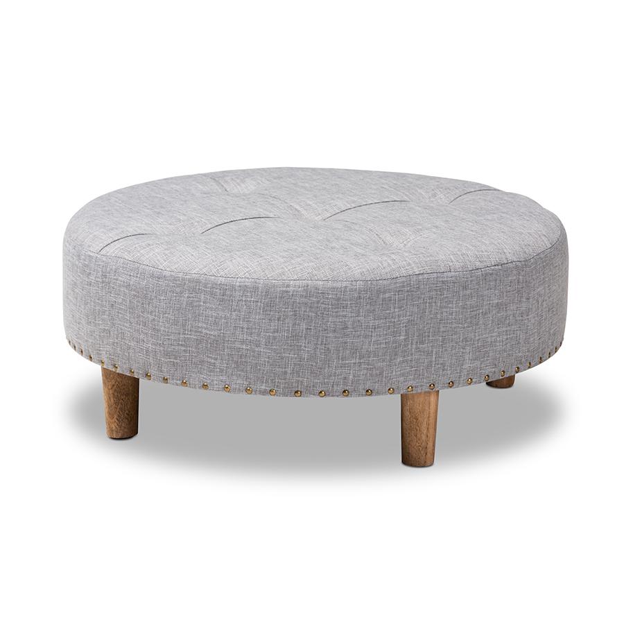 Light Gray Fabric Upholstered Natural Wood Cocktail Ottoman