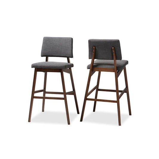 Dark Gray Fabric Upholstered and Walnut-Finished Wood Bar Stool Set of 2