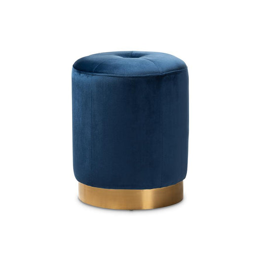 Alonza Glam Navy Blue Velvet Fabric Upholstered Gold-Finished Ottoman