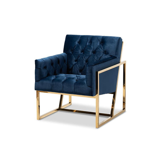 Navy Velvet Fabric Upholstered Gold Finished Lounge Chair