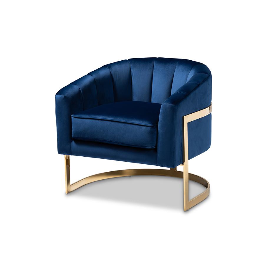 Tomasso Glam Royal Blue Velvet Fabric Upholstered Gold-Finished Lounge Chair