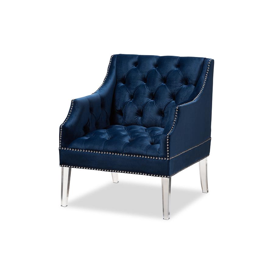 Navy Velvet Fabric Upholstered Lounge Chair with Acrylic Legs