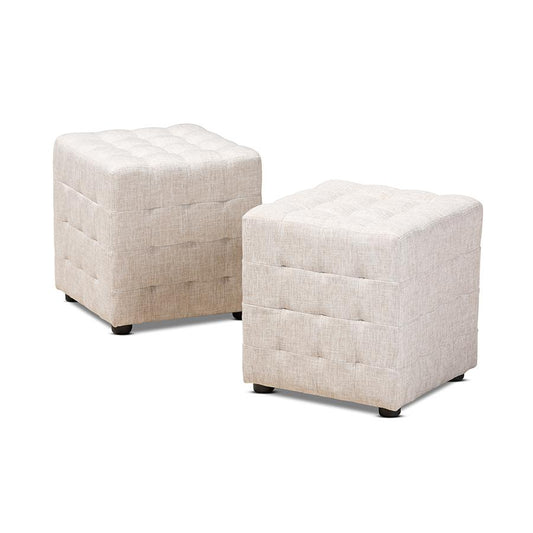 Beige Fabric Upholstered Tufted Cube Ottoman Set of 2