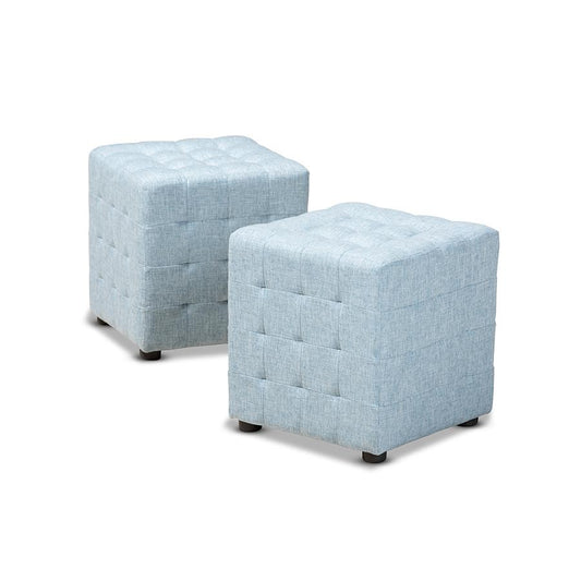 Light Blue Fabric Upholstered Tufted Cube Ottoman Set of 2