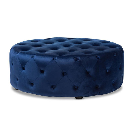 Transitional Royal Blue Velvet Fabric Upholstered Button Tufted Cocktail Ottoman