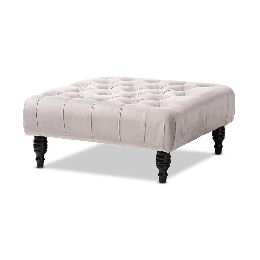 Transitional Grey Velvet Fabric Upholstered Button Tufted Cocktail Ottoman