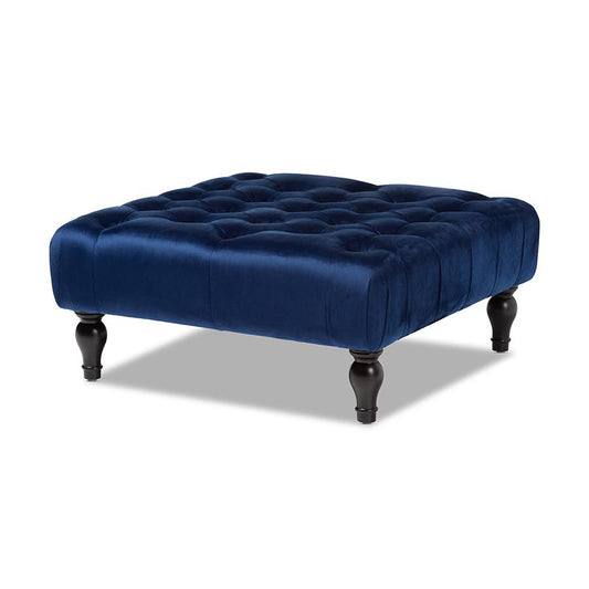 Transitional Blue Velvet Fabric Upholstered Button Tufted Cocktail Ottoman