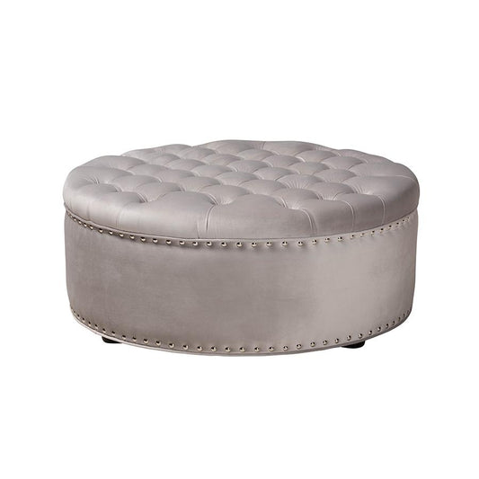 Light Gray Velvet Fabric Upholstered Tufted Cocktail Ottoman