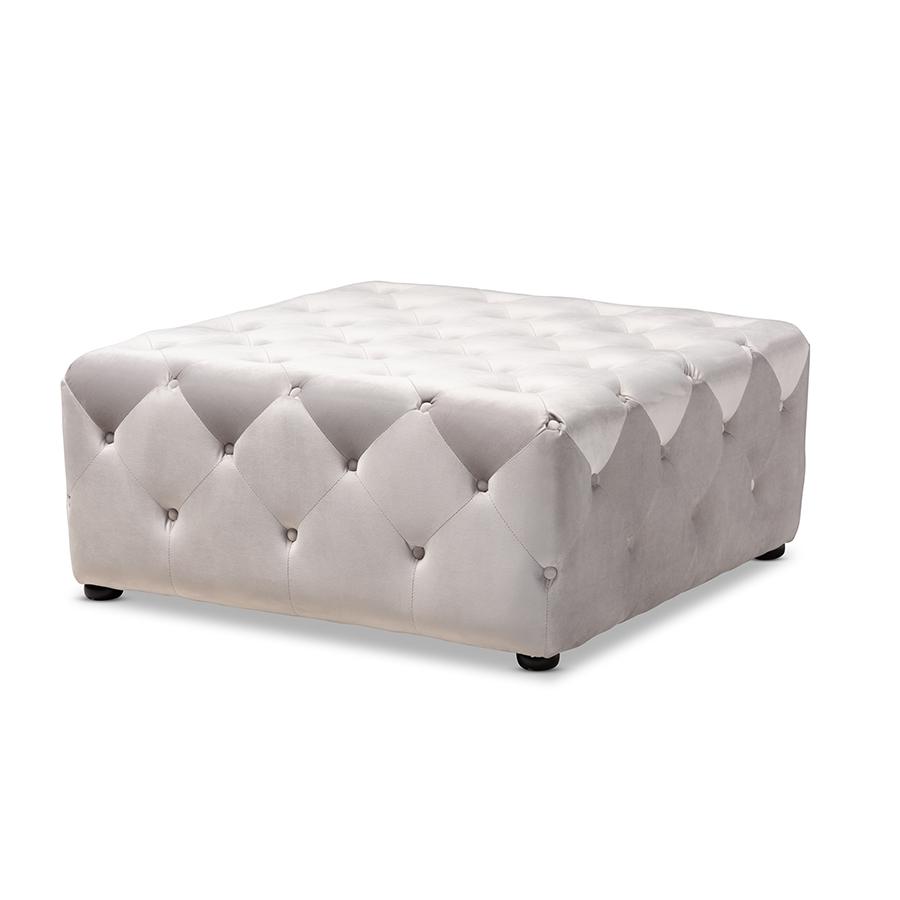 Slate Gray Velvet Fabric Upholstered Button-Tufted Cocktail Ottoman