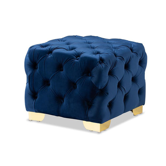 Luxe Royal Blue Velvet Fabric Upholstered Gold Finished Button Tufted Ottoman