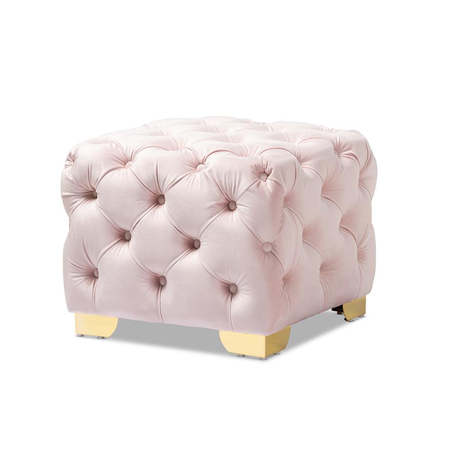 Luxe Light Pink Velvet Fabric Upholstered Gold Finished Button Tufted Ottoman