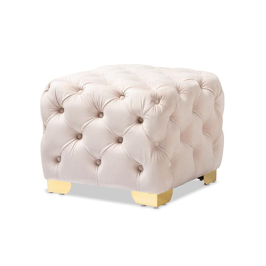 Luxe Light Beige Velvet Fabric Upholstered Gold Finished Button Tufted Ottoman