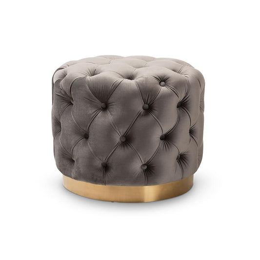 Valeria Glam Gray Velvet Fabric Upholstered Gold-Finished Button Tufted Ottoman