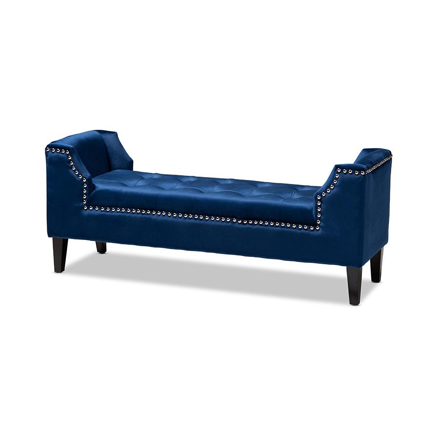 Royal Blue Velvet Fabric Upholstered Espresso Finished Wood Bench