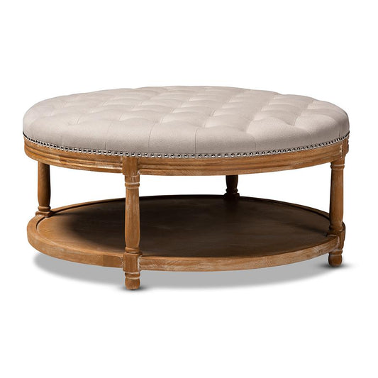 White-Washed Oak Wood Button-Tufted Cocktail Ottoman with Shelf