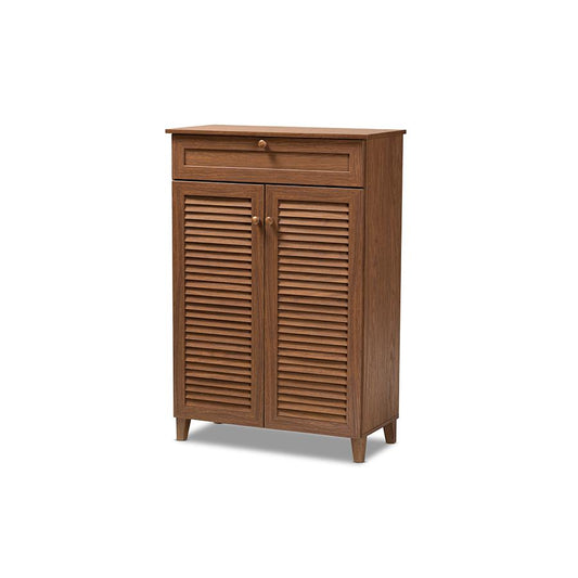 Walnut Finished 5-Shelf Wood Shoe Storage Cabinet with Drawer