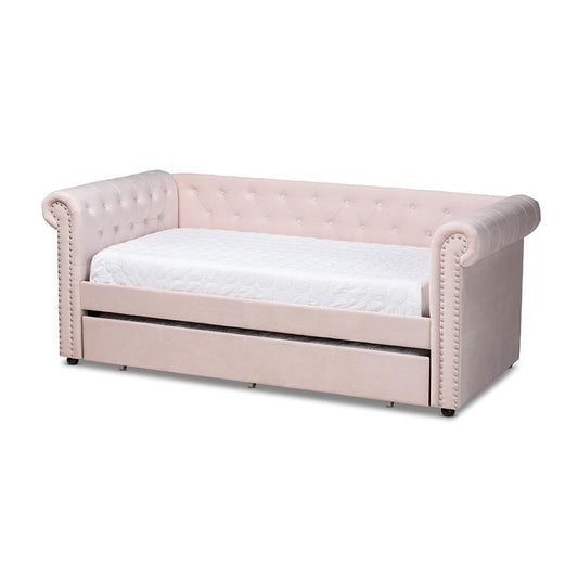 Light Pink Velvet Upholstered Daybed with Trundle