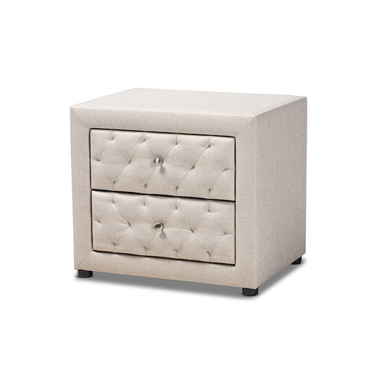 Light Beige Fabric Upholstered 2-Drawer Wood Nightstand