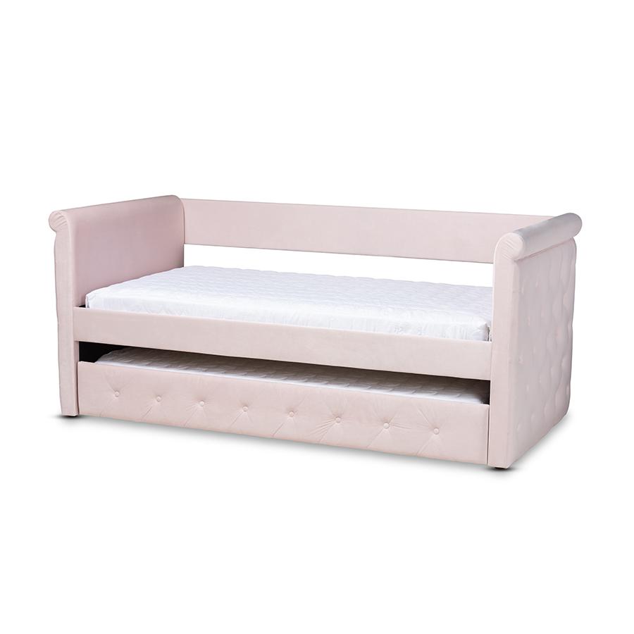 Light Pink Velvet Fabric Upholstered Twin Size Daybed with Trundle