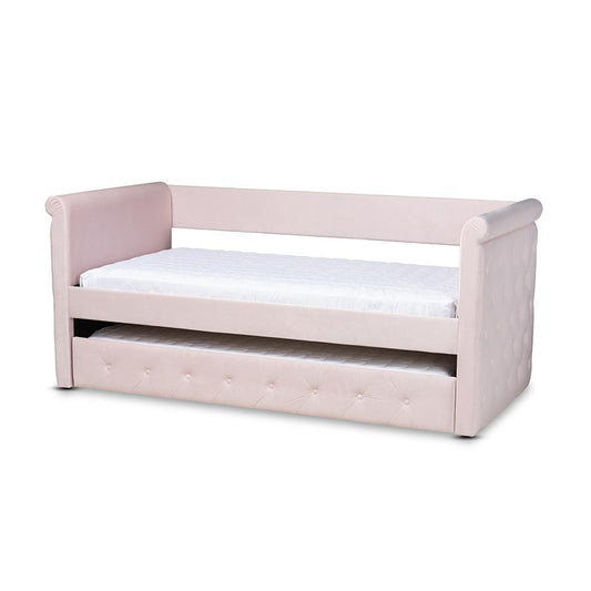 Light Pink Velvet Fabric Upholstered Twin Size Daybed with Trundle