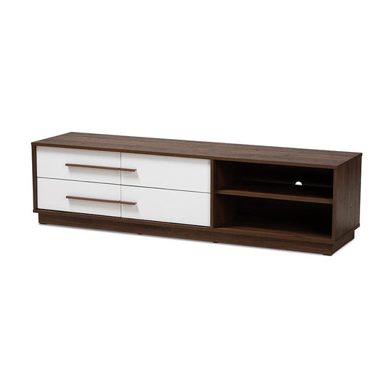 Two-Tone White and Walnut Finished 4-Drawer Wood TV Stand