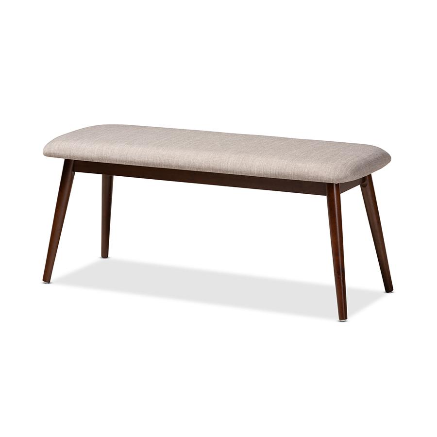 Light Grey Fabric Upholstered Walnut Finished Wood Dining Bench