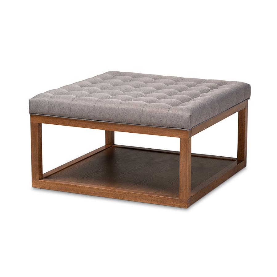 Grey Fabric Upholstered Walnut Finished Cocktail Ottoman