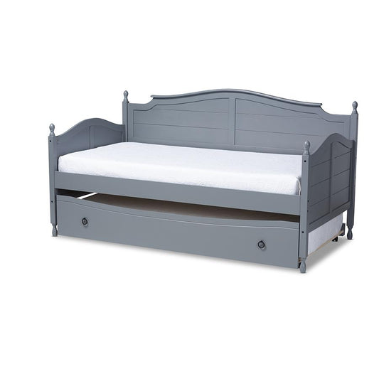 Grey Finished Wood Twin Size Daybed with Roll-Out Trundle Bed