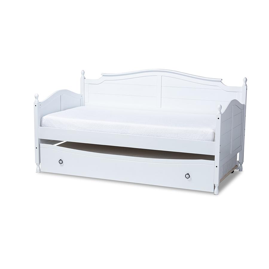 White Finished Wood Twin Size Daybed with Roll-Out Trundle Bed