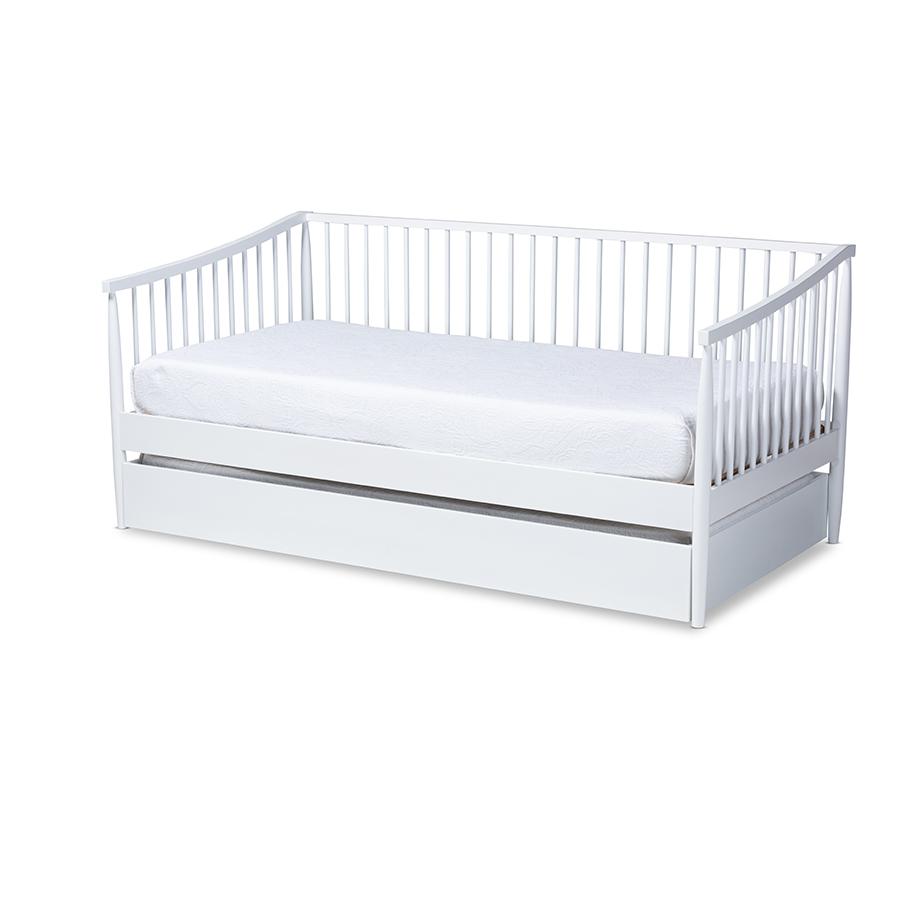 Traditional White Finished Wood Twin Size Spindle Daybed with Trundle