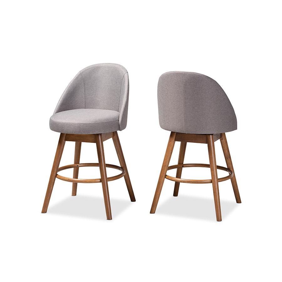 Grey Fabric Upholstered Walnut-Finished Wood Swivel Counter Stool Set of 2