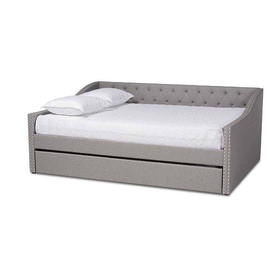 Light Grey Fabric Upholstered Full Size Daybed with Roll-Out Trundle Bed