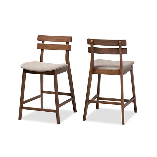 Light Grey Fabric Upholstered Walnut Finished 2-Piece Wood Counter Stool Set