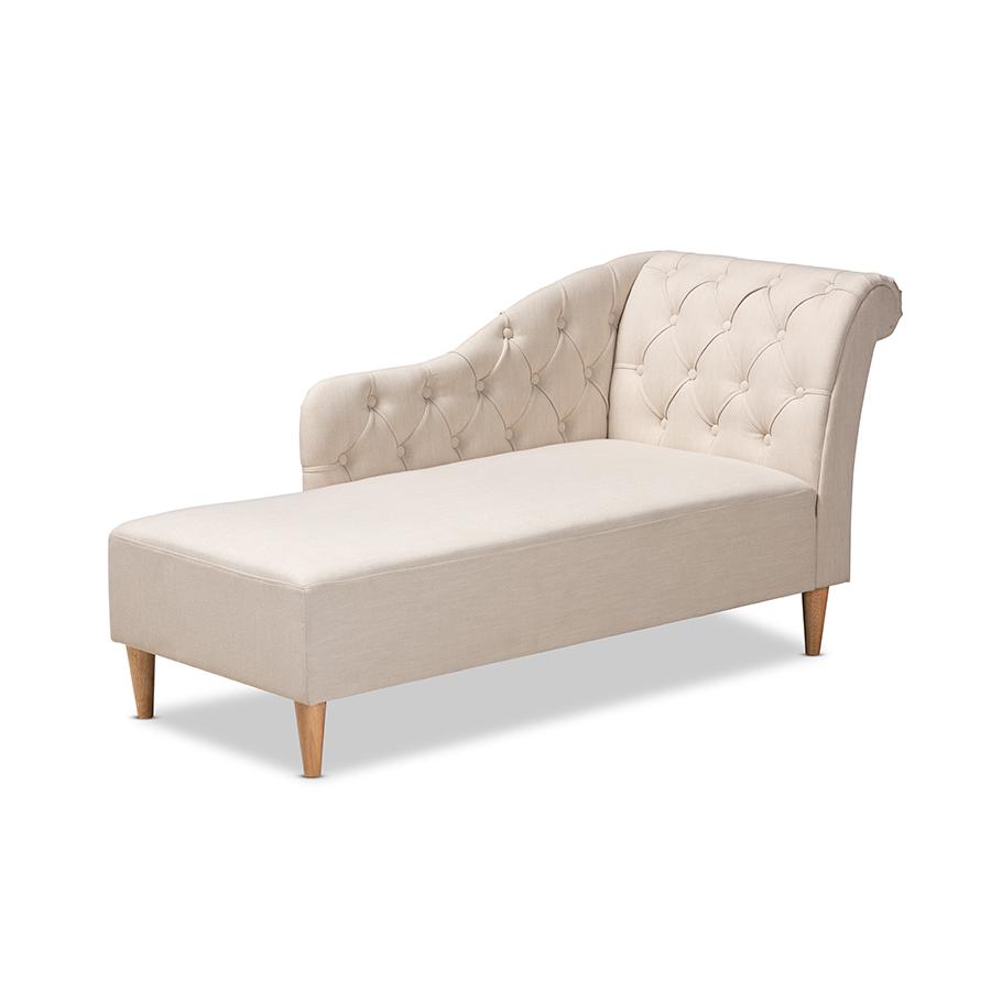 Beige Fabric Upholstered Oak Finished Chaise Lounge