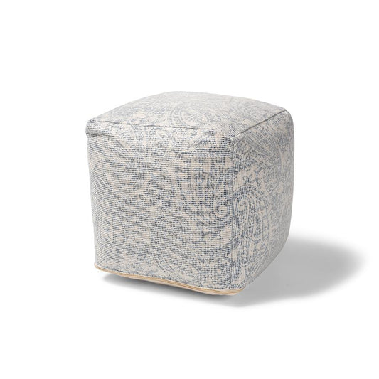 Ivory and Blue Handwoven Cotton Paisley Pouf Ottoman