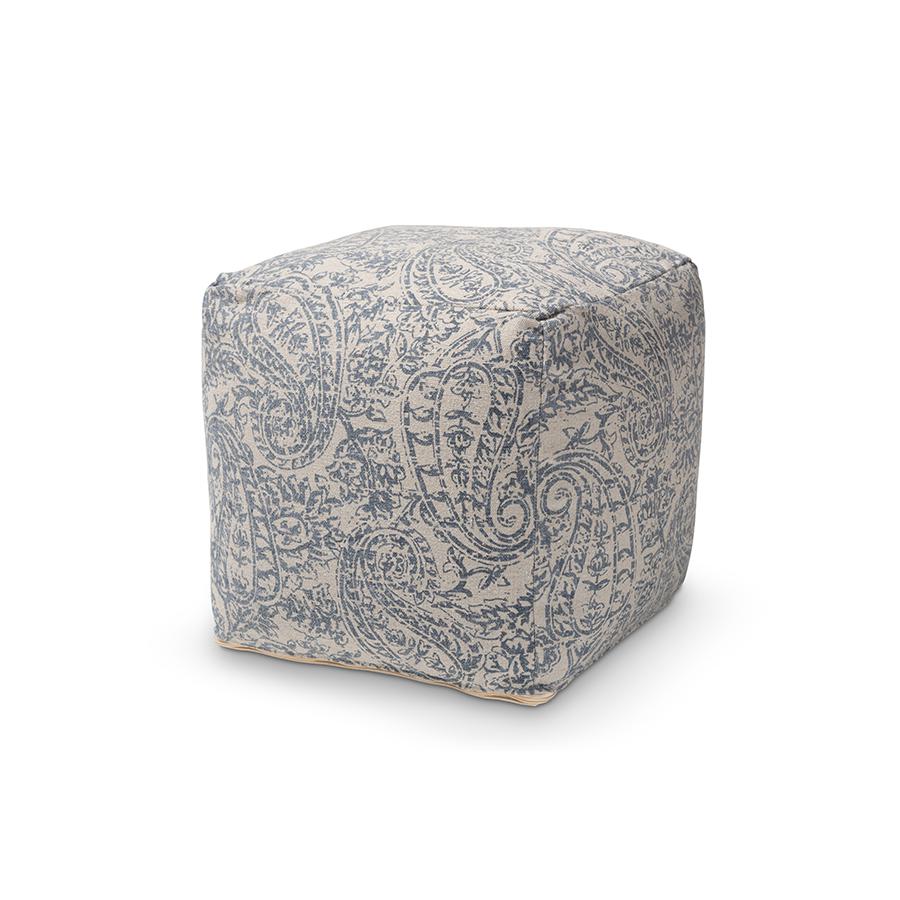 Grey and Blue Handwoven Cotton Paisley Pouf Ottoman