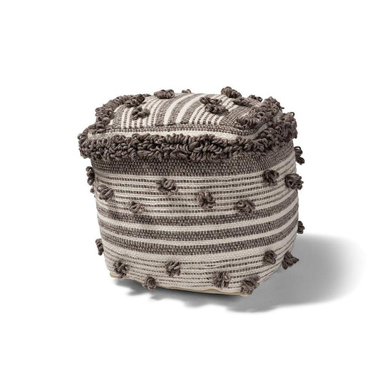 Eligah Moroccan Inspired Ivory and Brown Handwoven Wool Pouf Ottoman