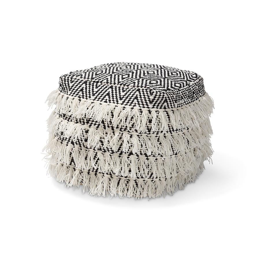 Alain Moroccan Inspired Black and Ivory Handwoven Wool Tassel Pouf Ottoman