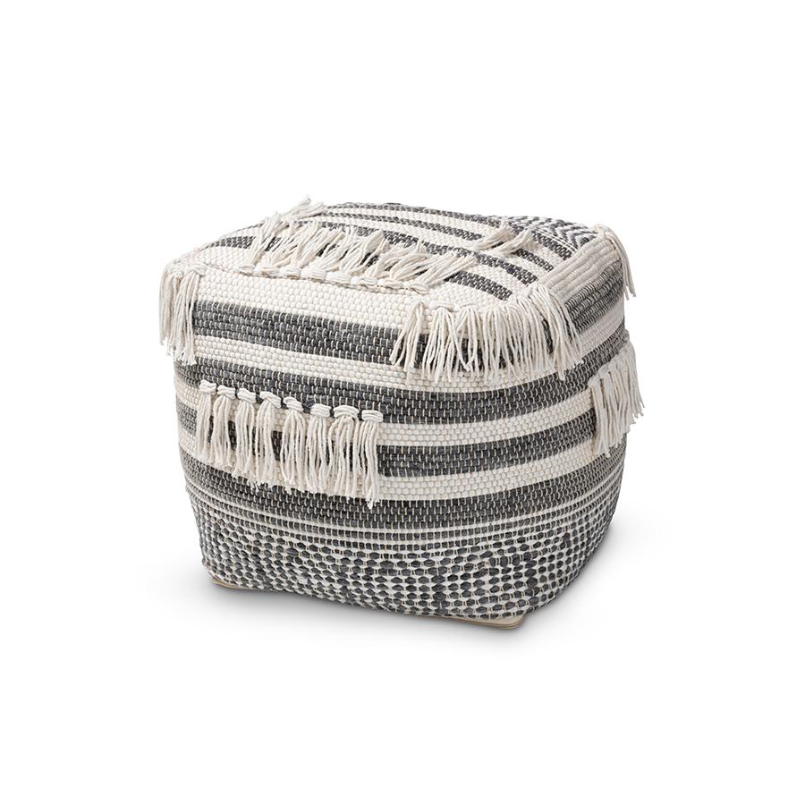 Kirby Moroccan Inspired Grey and Ivory Handwoven Cotton Pouf Ottoman