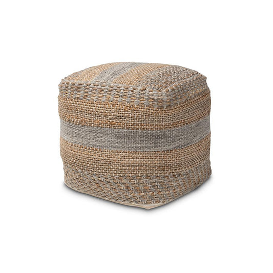 Grange Moroccan Inspired Natural and Grey Handwoven Hemp Pouf Ottoman