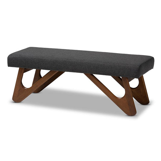 Dark Grey Fabric Upholstered Walnut Brown Finished Boomerang Bench