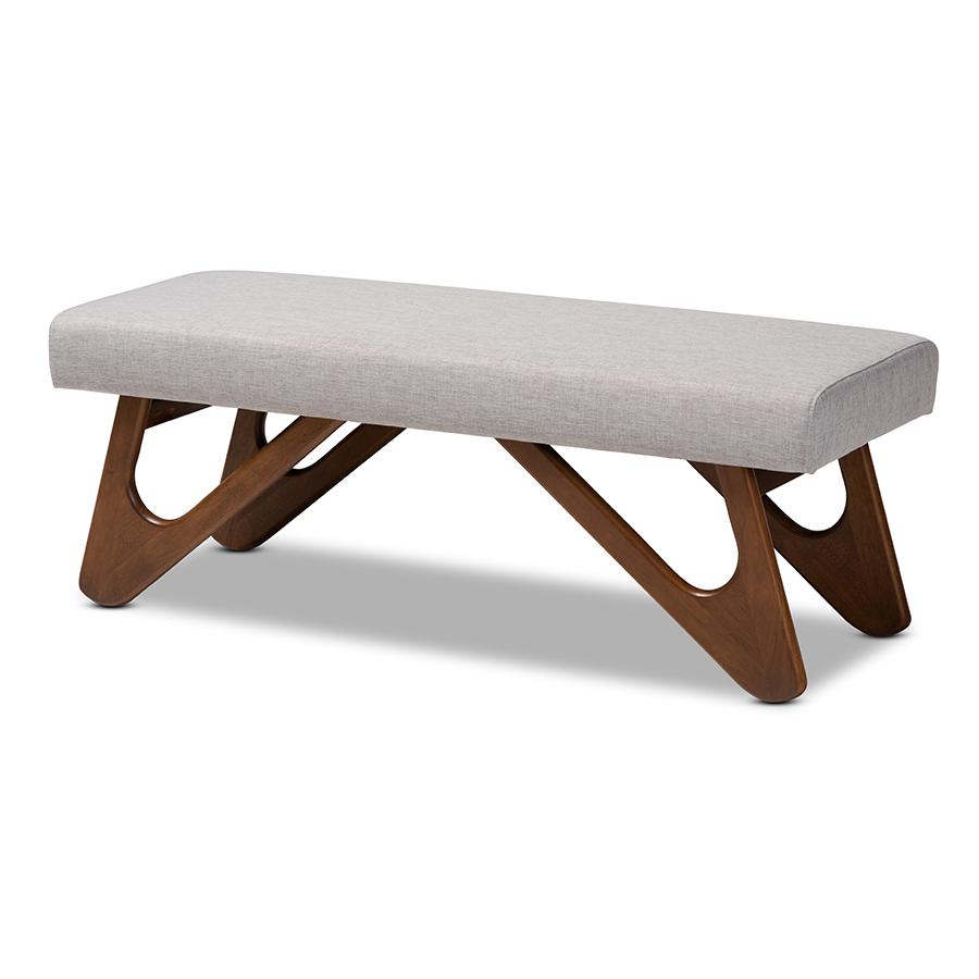 Greyish Beige Fabric Upholstered Walnut Brown Finished Boomerang Bench