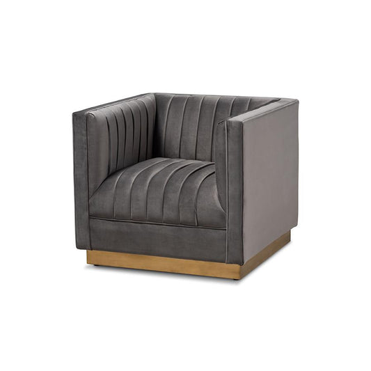 Luxe Grey Velvet Fabric Upholstered Brushed Gold Finished Armchair